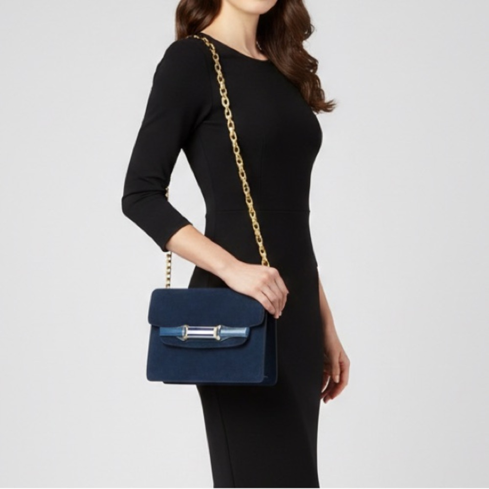 Gucci Blue Sapphire Suede Flap Shoulder Bag With Gold Chain - Picture 9 of 9